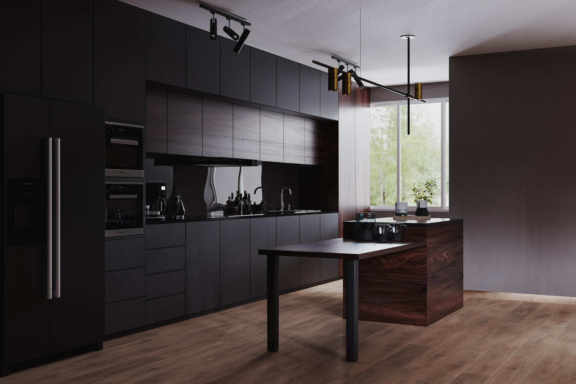 Modern dark kitchen and dinning room interior with furniture and kitchenware