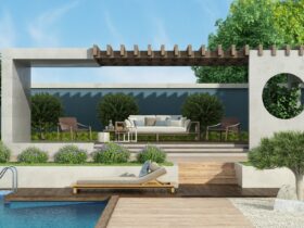 Modern garden with concrete gazebo and swimming pool