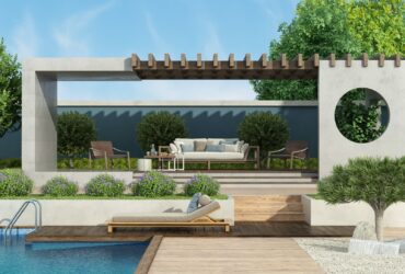 Modern garden with concrete gazebo and swimming pool