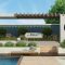 Modern garden with concrete gazebo and swimming pool