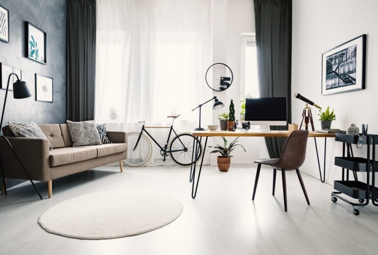 Modern home office interior with a big window