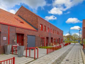 Modern street with red brick houses