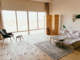 Scandinavian bedroom with french windows