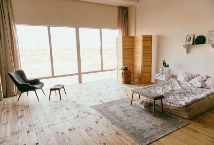 Scandinavian bedroom with french windows