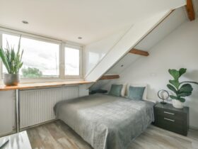 Small bedroom with wooden furniture