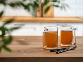 Two cups of tea and brunch close up on wooden countertop against the background of a white kitchen