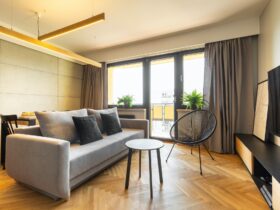Urban style, cozy living room interior with industrial concrete
