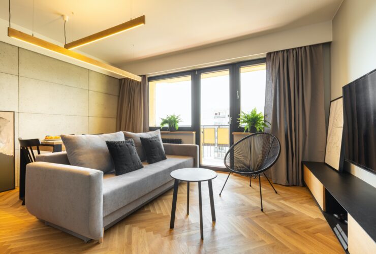 Urban style, cozy living room interior with industrial concrete
