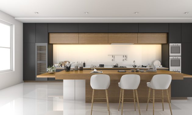 3d rendering modern black kitchen with wood decor