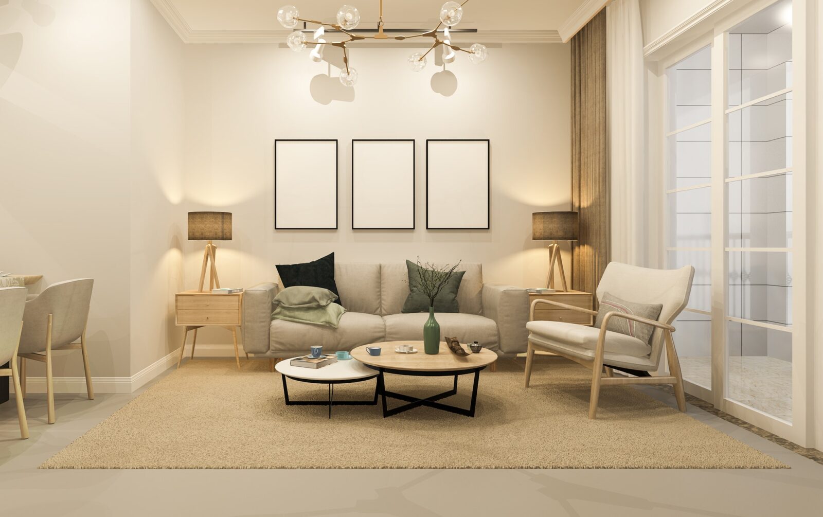3d rendering modern dining room and living room with luxury decor