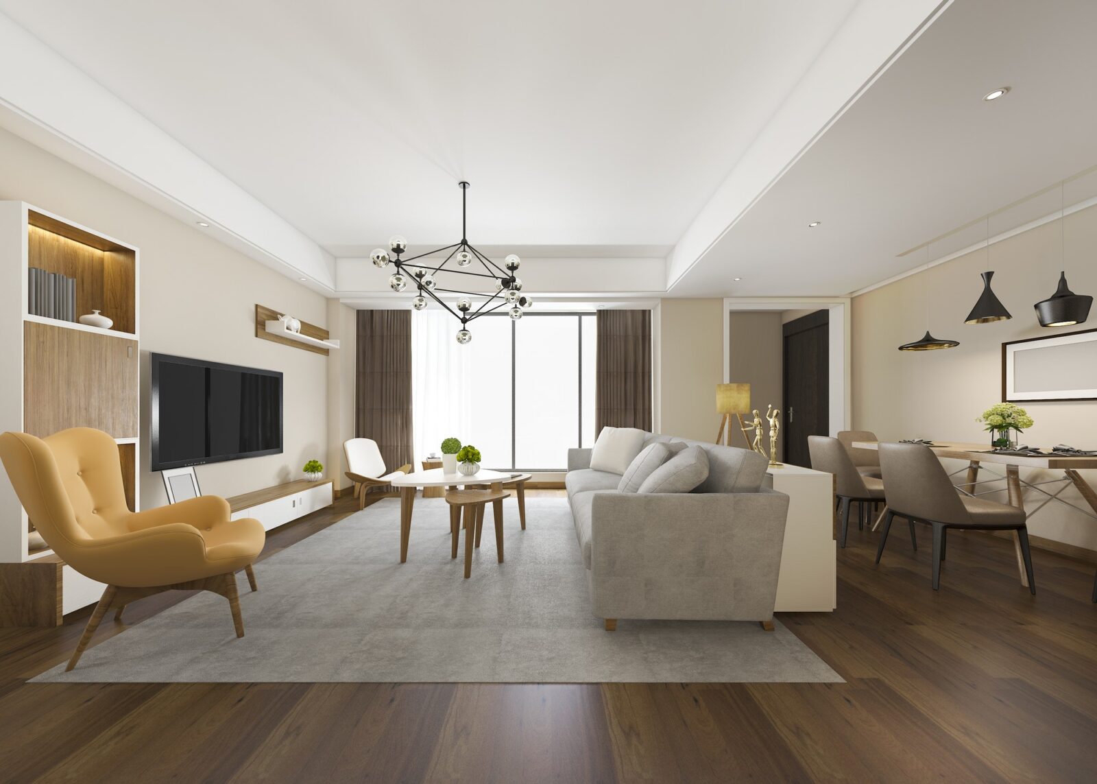 3d rendering modern dining room and living room with luxury decor