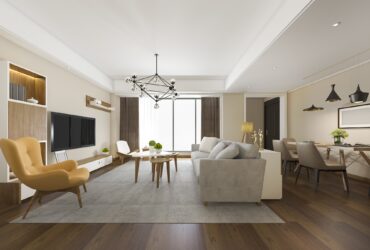 3d rendering modern dining room and living room with luxury decor
