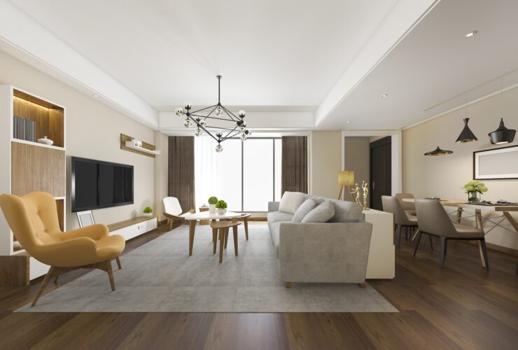 3d rendering modern dining room and living room with luxury decor