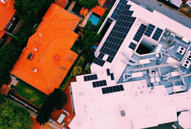 Aerial view of solar panels on the roofs