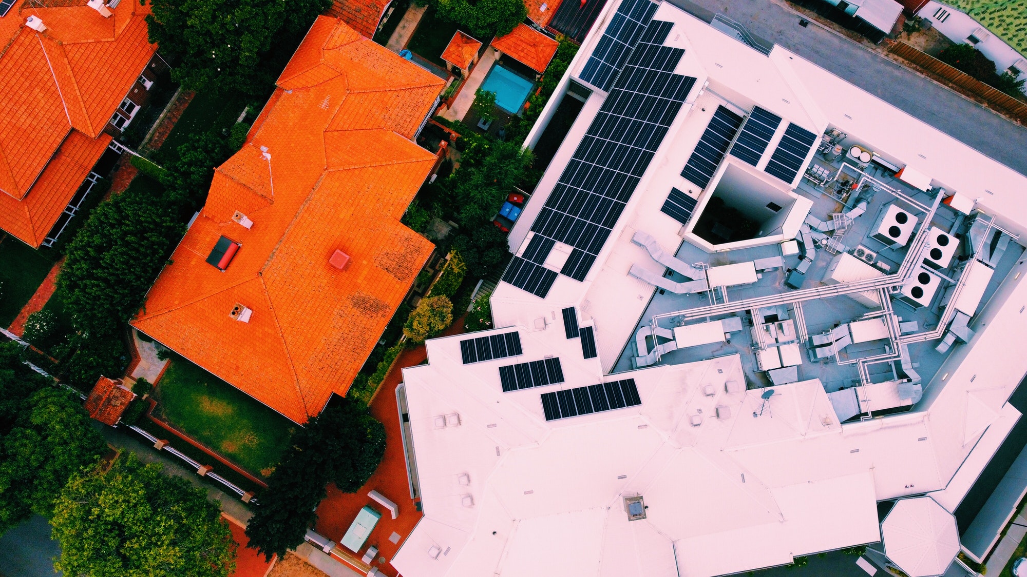 Aerial view of solar panels on the roofs