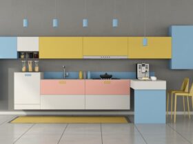 Colorful minimalist kitchen with peninsula