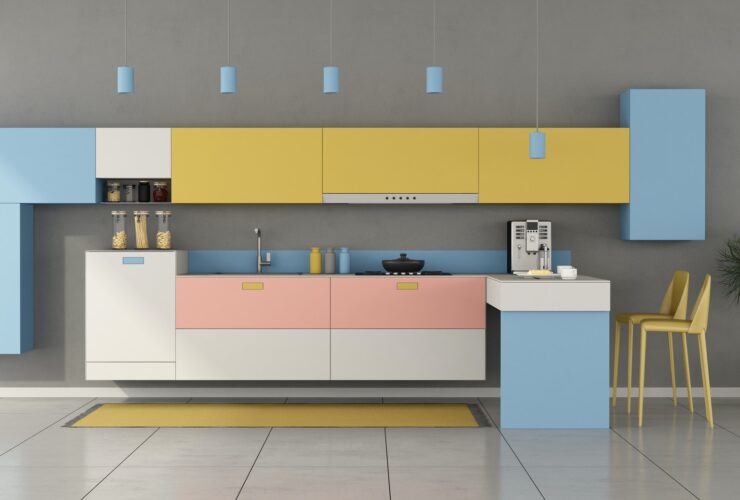 Colorful minimalist kitchen with peninsula