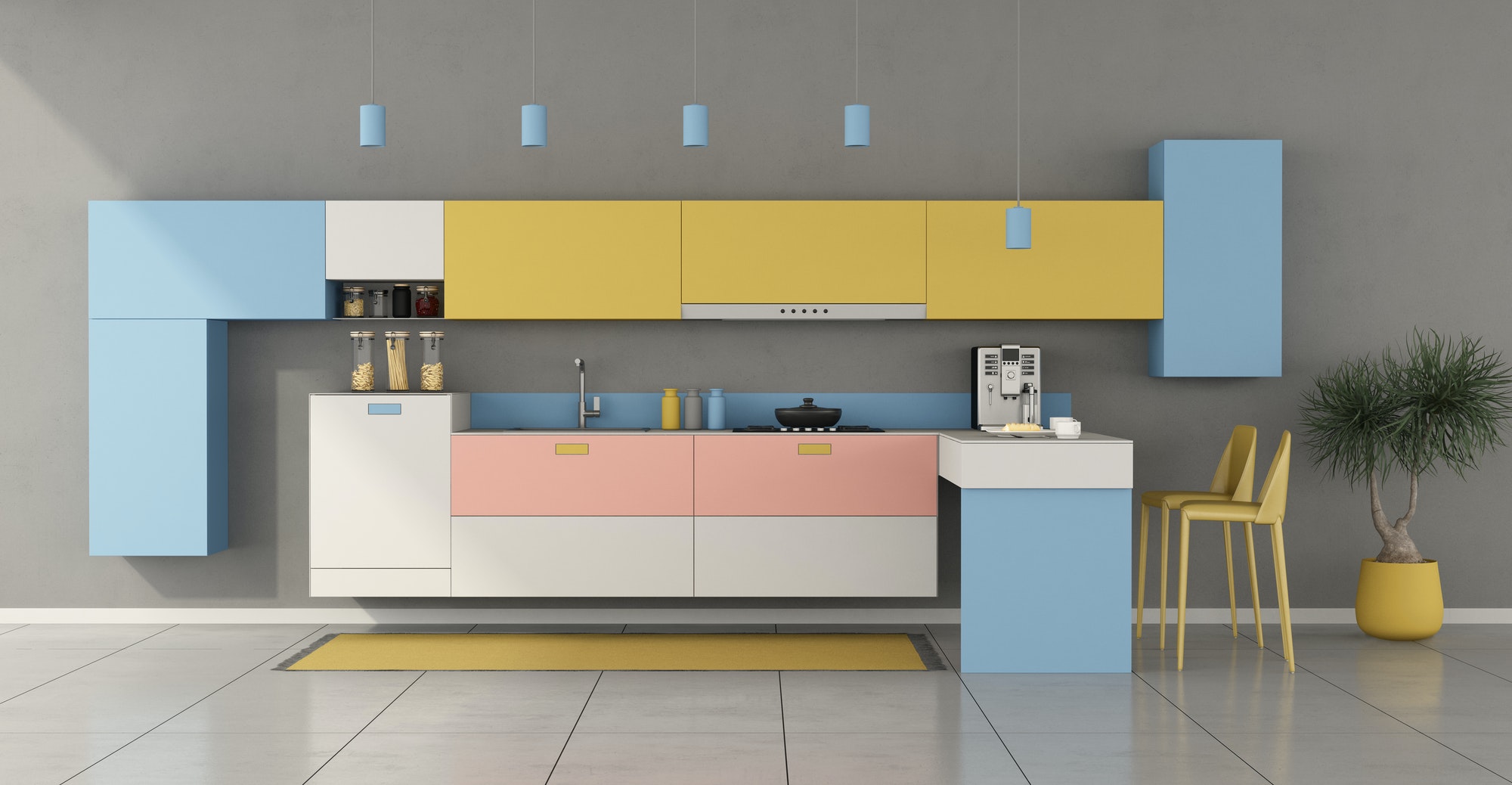 Colorful minimalist kitchen with peninsula
