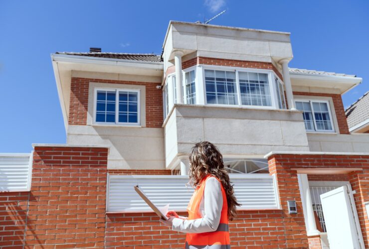 inspector or architect professional woman checking house at construction site. Home improvement