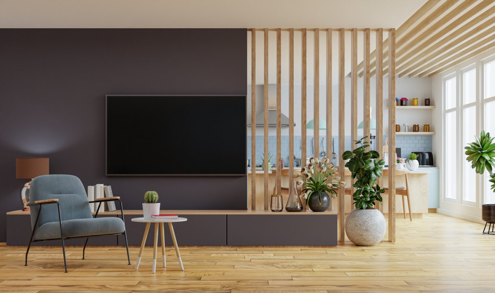 Modern interior room with furniture,TV room,Dining room.