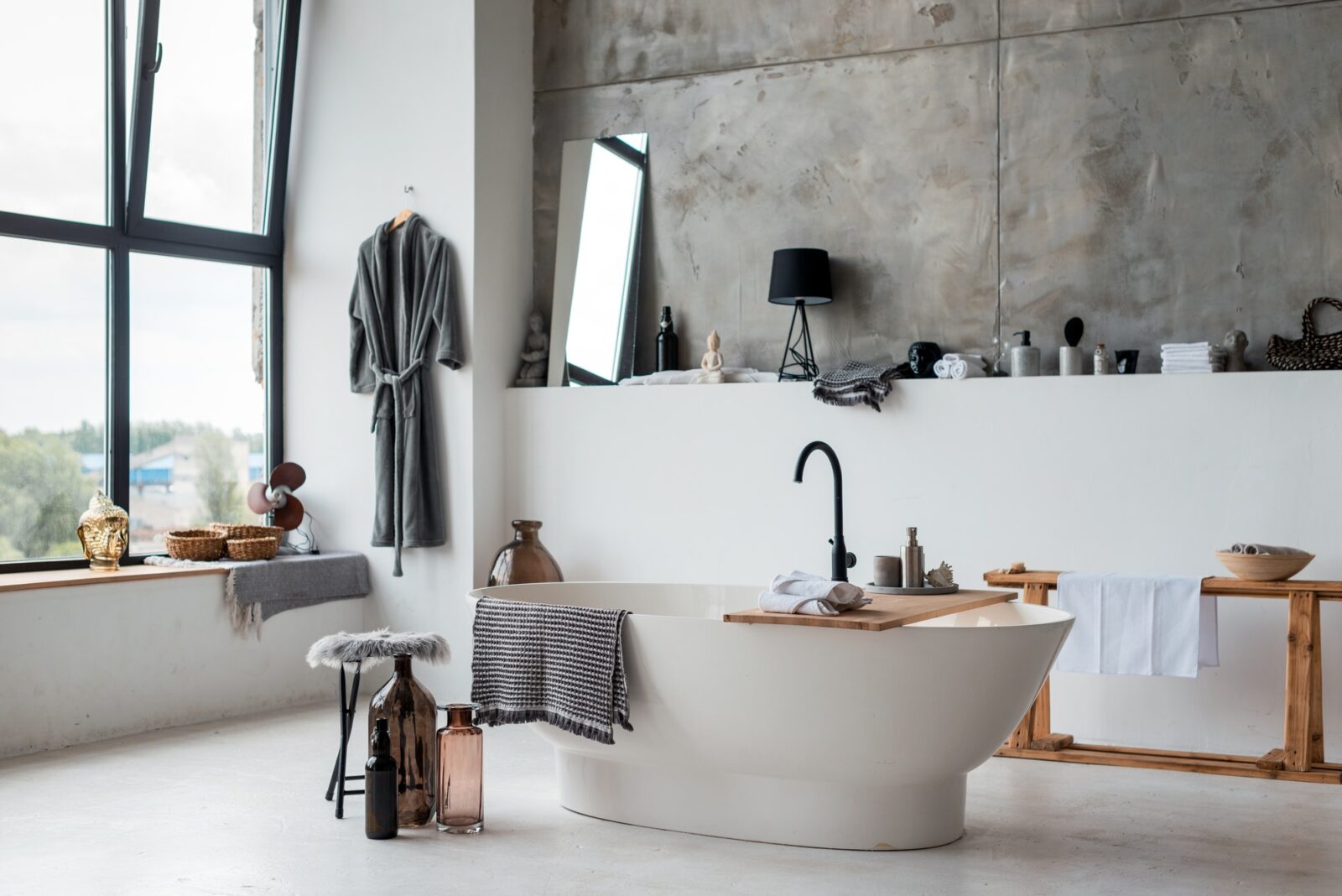 Stylish bathroom interior, stylish furniture, plumbing and accessories