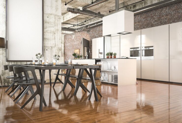 3d rendering industrial style kitchen with black wood dining zone