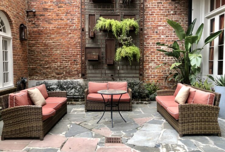 Outdoor living space in back garden patio