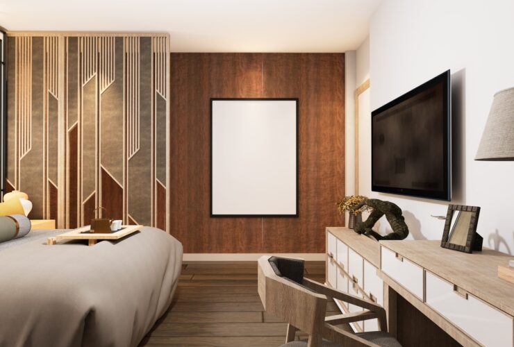 3D illustration Mockup photo frame in bedroom rendering