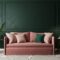 Home interior mock-up with pink sofa, table and decor in green living room, 3d rendering
