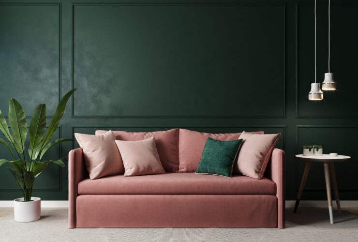 Home interior mock-up with pink sofa, table and decor in green living room, 3d rendering