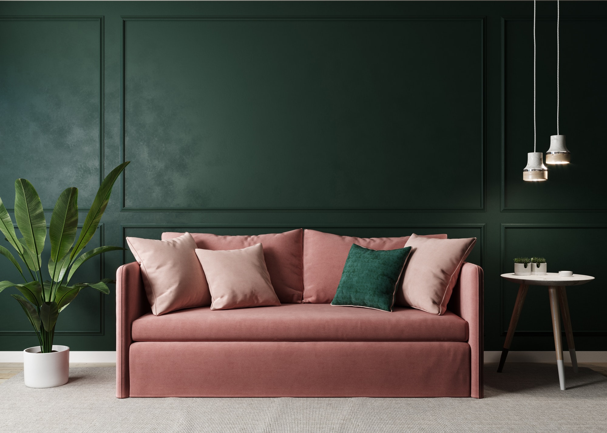Home interior mock-up with pink sofa, table and decor in green living room, 3d rendering