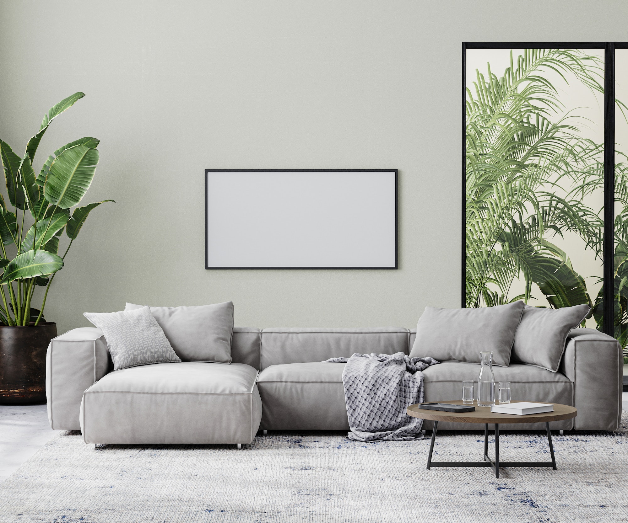 horizontal picture frame in living room interior mock up in gray tones with tropical palm