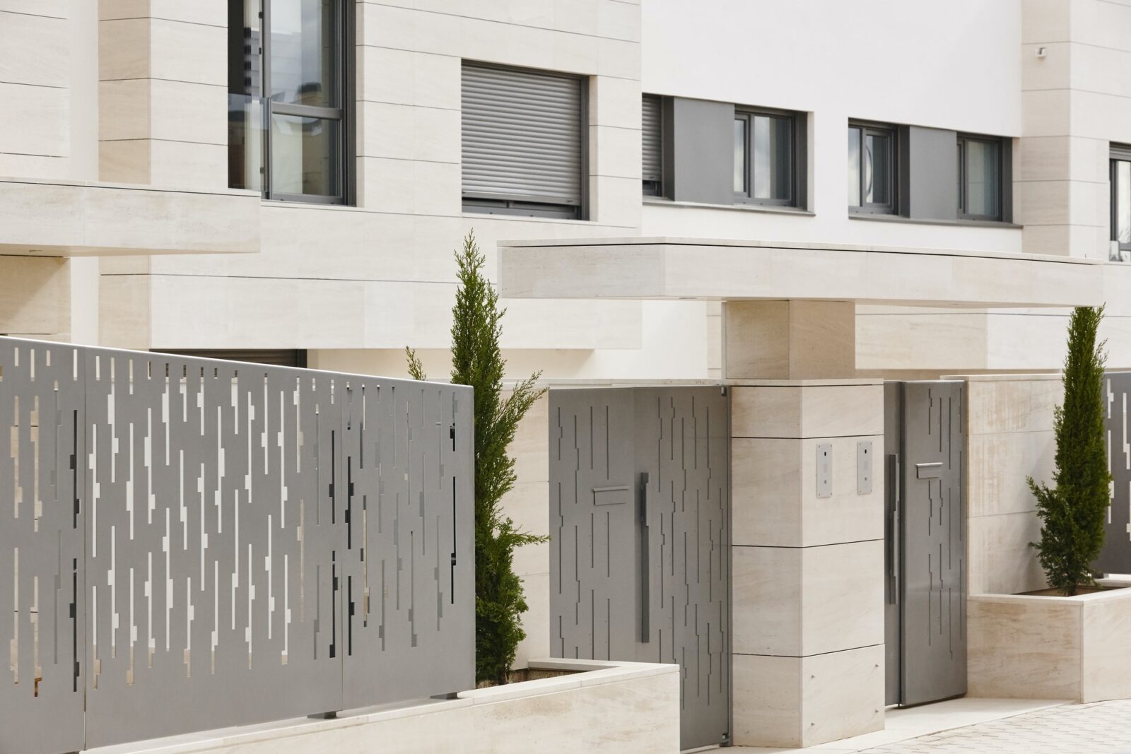 Modern residential building entrance. Estate property. Marble stone. Construction. Horizontal