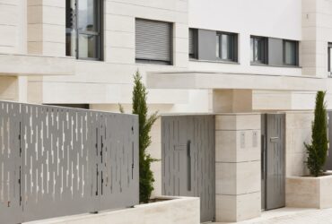 Modern residential building entrance. Estate property. Marble stone. Construction. Horizontal