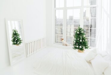 Spacious white bedroom with bed, decorated Christmas tree, mirror and dog on windowsill