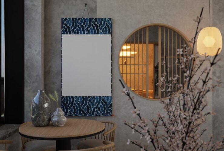 3D illustration mockup frame in japanese style room