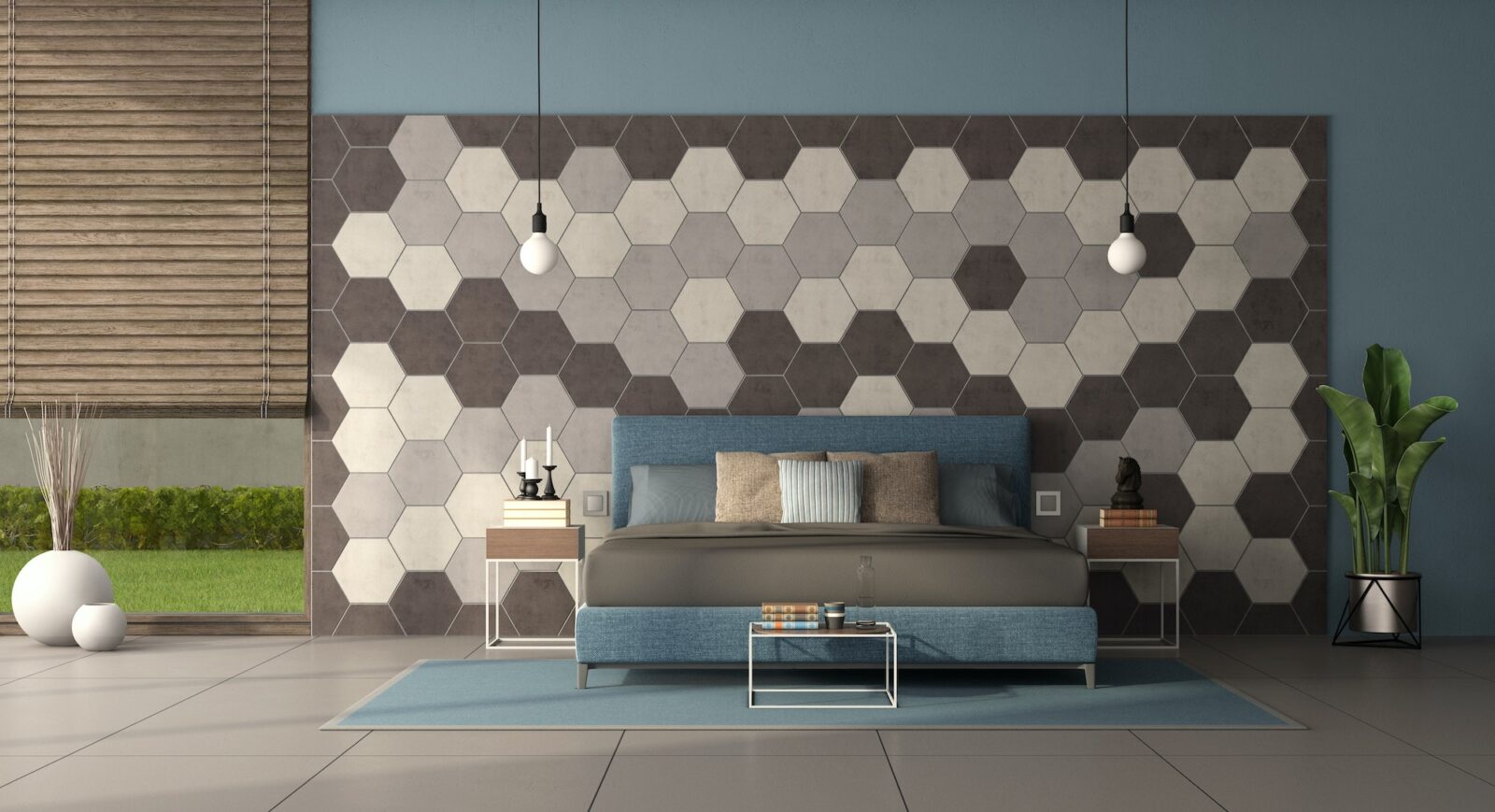 Blue sofa in front of a wall with hexagonal wooden tiles