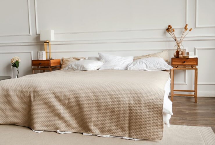 Luxury contemporary bedroom interior with gypsum stucco on white walls
