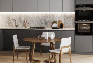 modern kitchen interior with table, kitchen utensils and furniture, kitchen appliances, 3d rendering