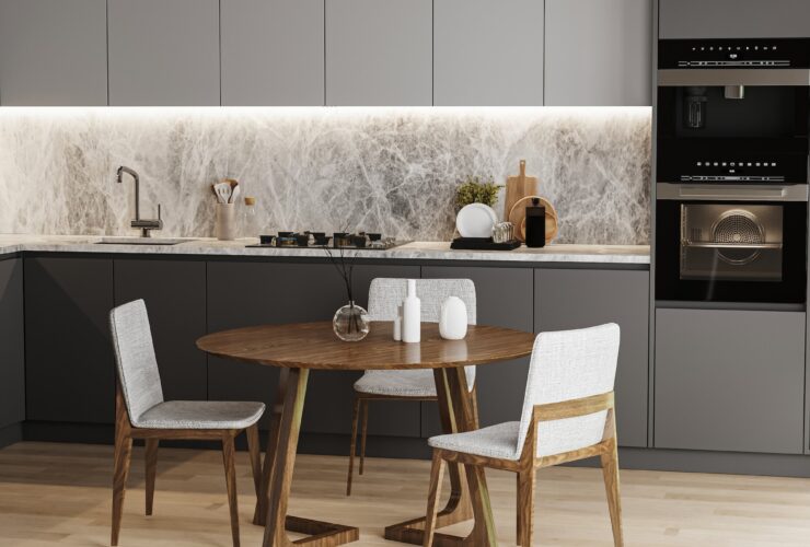 modern kitchen interior with table, kitchen utensils and furniture, kitchen appliances, 3d rendering