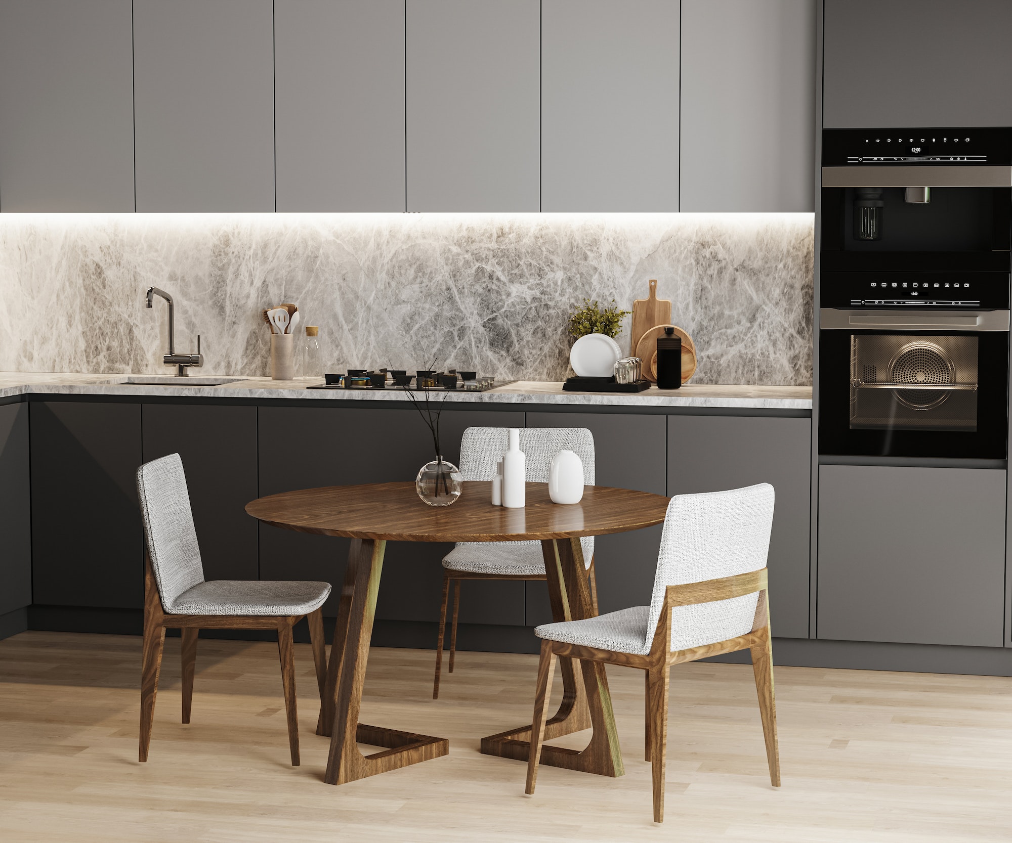 modern kitchen interior with table, kitchen utensils and furniture, kitchen appliances, 3d rendering