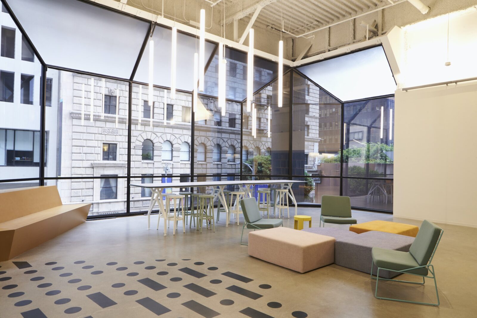 Modern windows and furniture in corporate business cafeteria