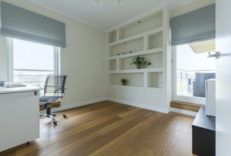 Office with wooden floor
