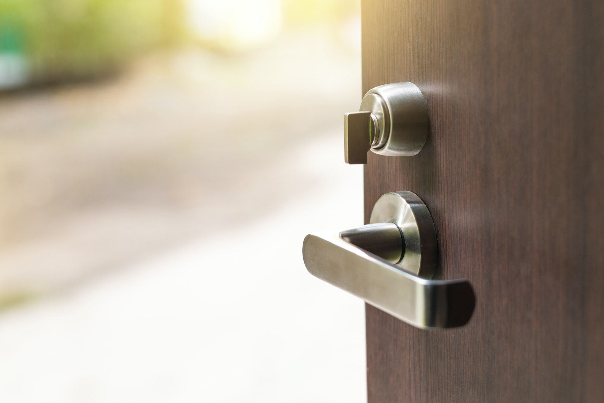 Open the modern wooden door with metal door handles lock to see outside nature view (Outdoors).