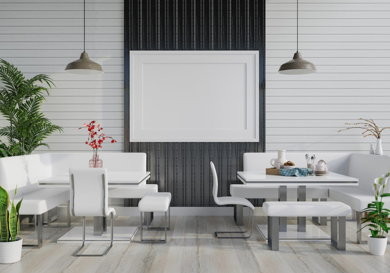 3D Mockup photo frame on the wall of restaurant
