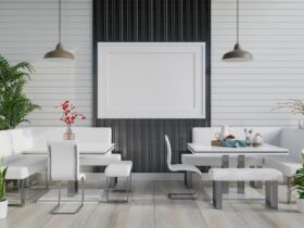 3D Mockup photo frame on the wall of restaurant