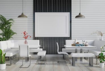 3D Mockup photo frame on the wall of restaurant