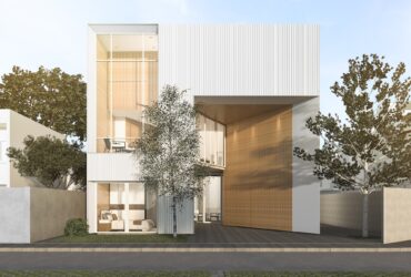 3d rendering white cubic house with modern design