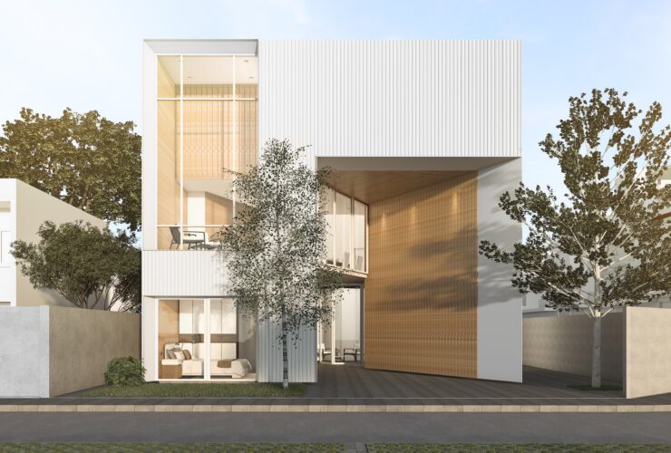 3d rendering white cubic house with modern design