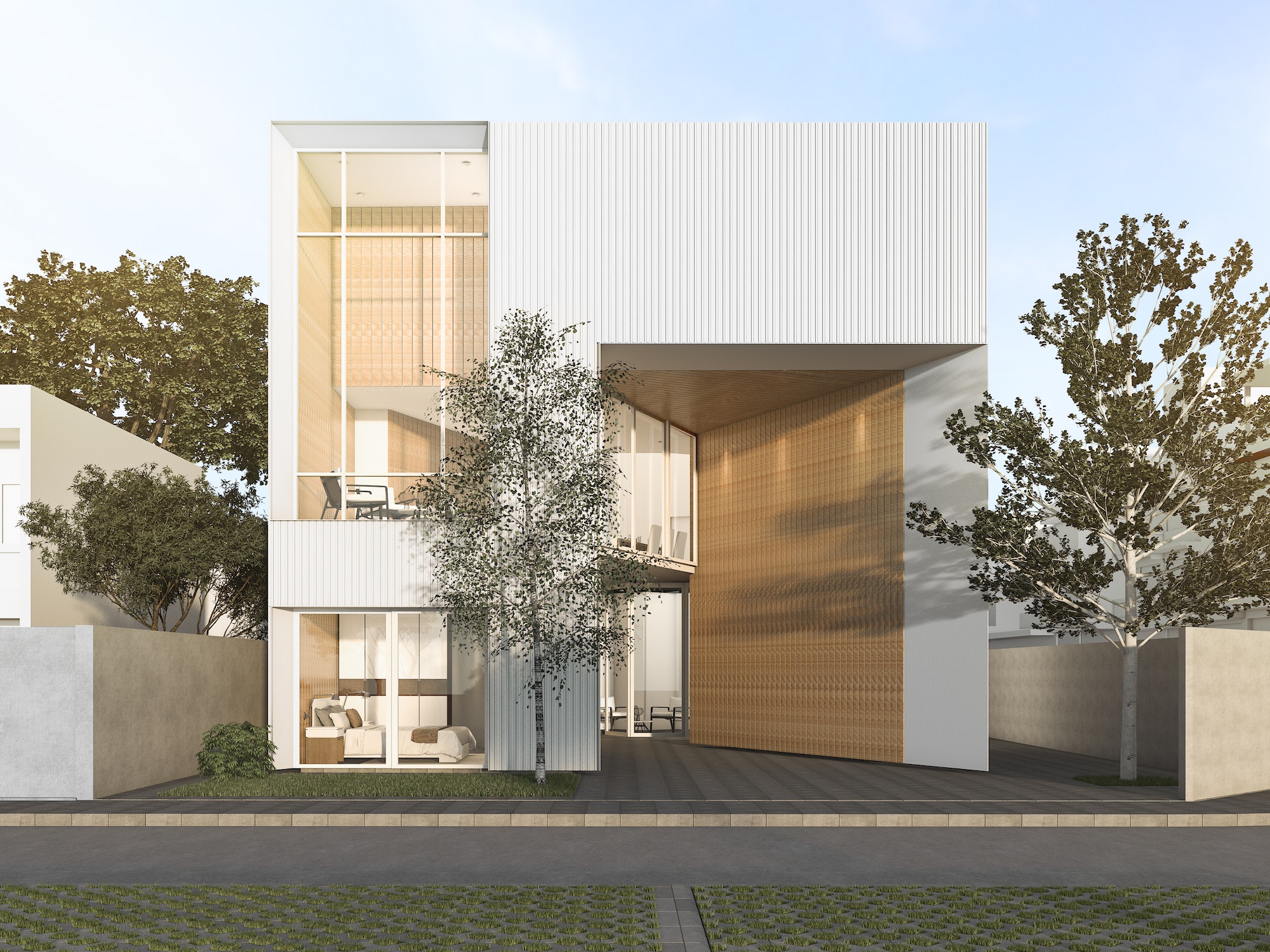 3d rendering white cubic house with modern design